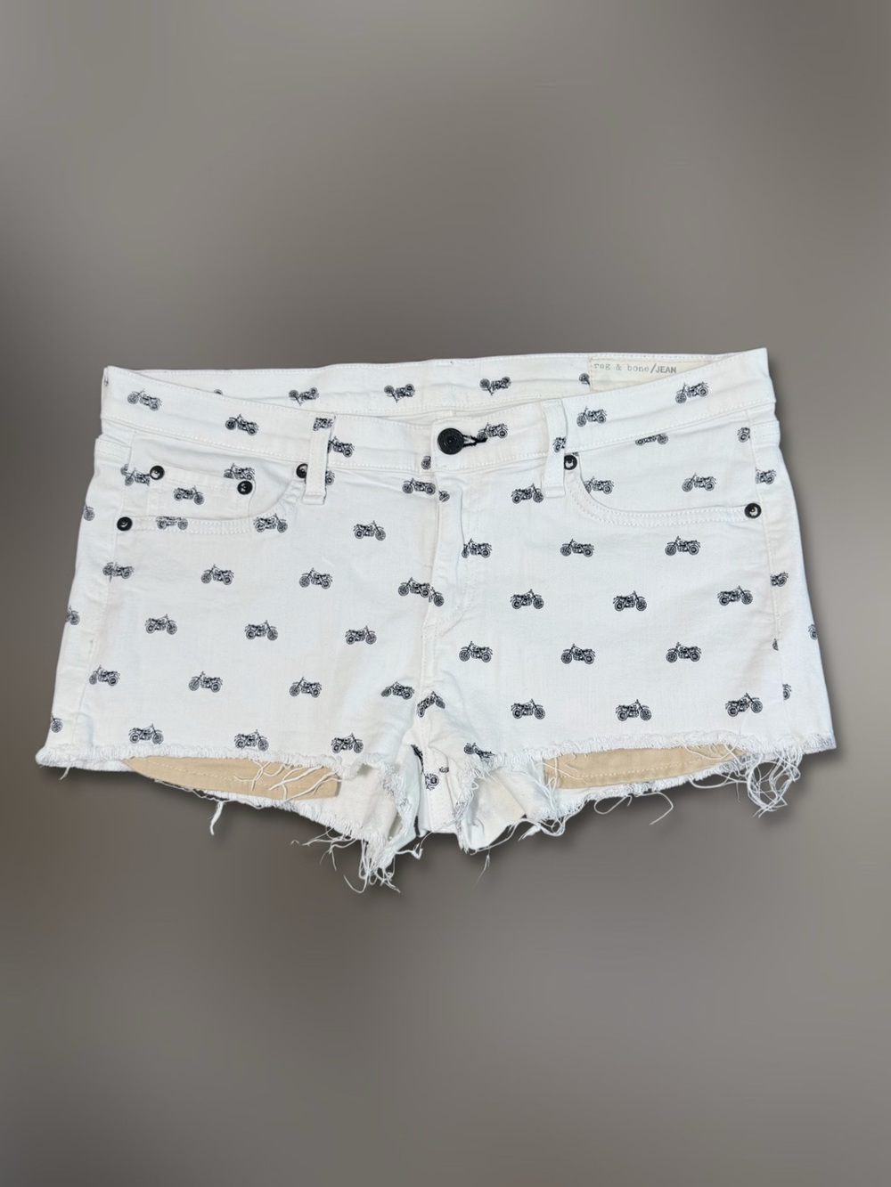 Rag & Bone Motorcycle Print Cutoff White Denim Jean Shorts 29